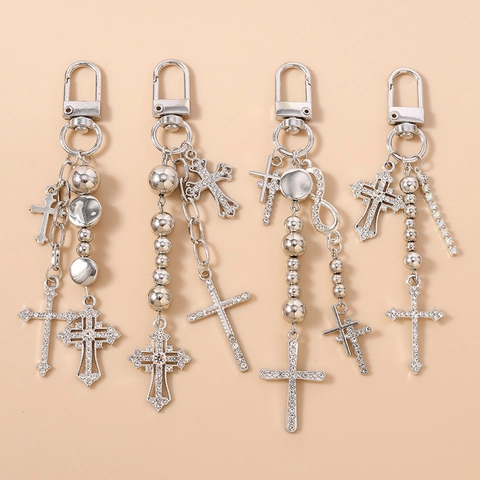 Portachiavi con Croce in Lega e Strass per Donna Elegante Ciondolo da Borsa in Metallo Oro Argento Design Religioso Infinito