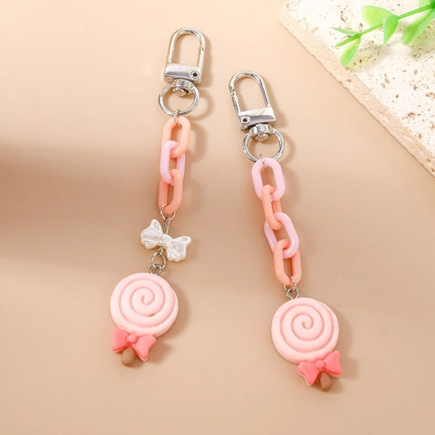 Cute Lollipop Resin Keychain With Bow Decoration Sweet Pink Plastic Chain Simulation Food Bag Pendant Gift For Women Kids