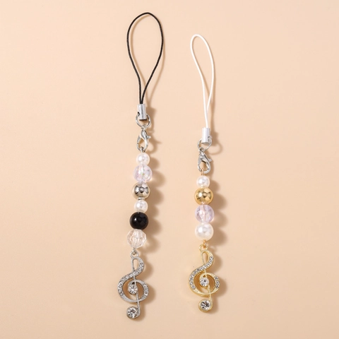 Music Note Phone Charm Alloy Artificial Pearl Rhinestone Beaded Bag Pendant Treble Clef Strap Fashion Tech Accessory