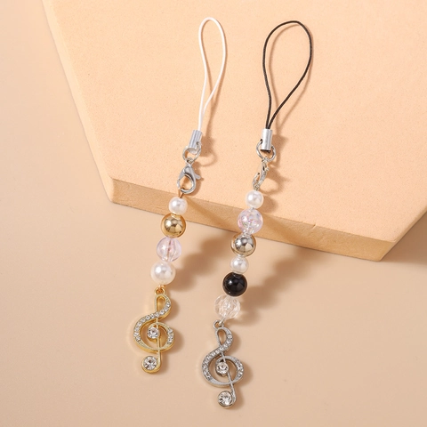 Music Note Phone Charm Alloy Artificial Pearl Rhinestone Beaded Bag Pendant Treble Clef Strap Fashion Tech Accessory