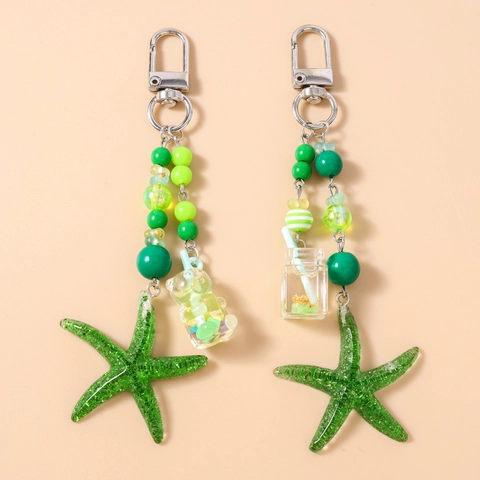 Green Starfish Beaded Keychain With Mini Resin Bear Milk Tea Bottle Charm Glitter Sea Star Bag Pendant Accessory For Women