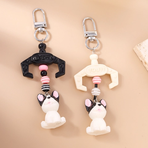Porte-Clés Bouledogue Français Machine à Pinces Résine Animal Chien Pendentif de Sac Avec Fermoir en Métal et Perles