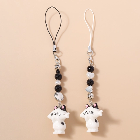Kawaii Beaded Cat Phone Lanyard Resin Cartoon Animal Lucky Cat Heart Pendant Phone Chain Bag Charm Keychain For Women