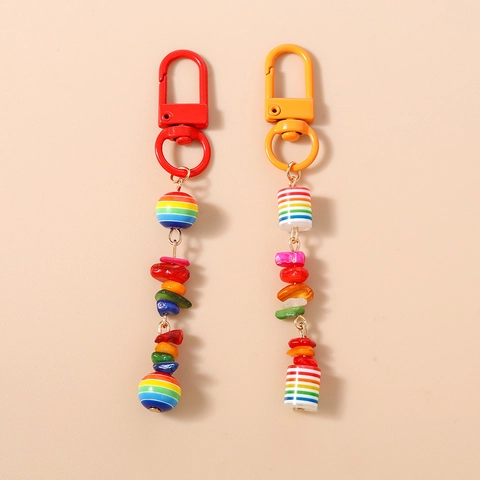 Bohemian Colorful Rainbow Beaded Keychain Striped Resin Beads Artificial Turquoise Bag Charm Zinc Alloy Key Ring For Women