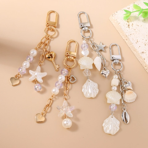 Portachiavi con Perline Stile Oceano in Lega Perla Artificial Sintetica Stella Marina Conchiglia Cuore Chiave Pendente Ciondolo Borsa Donna Accessorio Decorativo