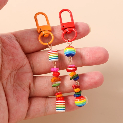 Bohemian Colorful Rainbow Beaded Keychain Striped Resin Beads Artificial Turquoise Bag Charm Zinc Alloy Key Ring For Women