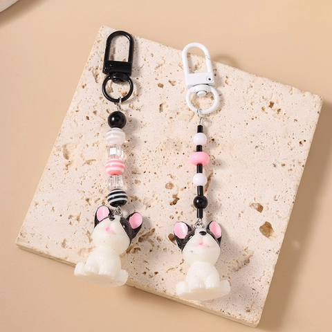 Cute French Bulldog Beaded Keychain Cartoon Resin Dog Bag Pendant Fashion Metal Key Ring For Women Men Kids Daily Gift