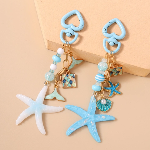 Portachiavi Moda Tema Oceano Con Chiusura A Cuore Ciondolo In Resina Stella Marina Conchiglia Pendente Per Borsa Con Perline A Righe Regalo Donna