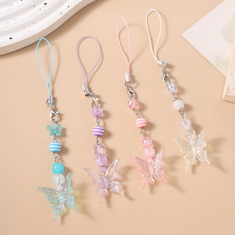 4-Teiliges Set Schmetterling Perlen Handyanhänger Bunte Acryl Stern Perlen Handgefertigte Handyband Lanyard Für Damen Mädchen