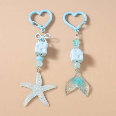 Ocean Theme Light Blue Keychain With Mermaid Tail Starfish Sequins Heart Clasp Cheese Pendant Resin Bag Charm For Women