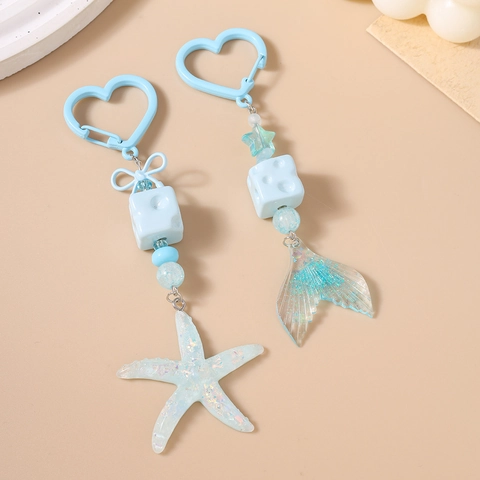 Ocean Theme Light Blue Keychain With Mermaid Tail Starfish Sequins Heart Clasp Cheese Pendant Resin Bag Charm For Women
