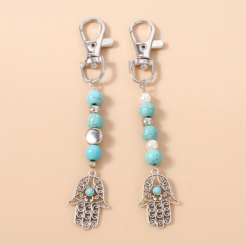 Vintage Hamsa Hand Evil Eye Keychain Ethnic Turquoise Beads Bag Pendant Zinc Alloy Fatima Hand Key Ring Fashion Jewelry