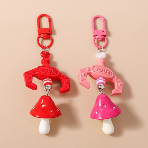 Creative Mushroom Grabber Machine Keychain Resin Plastic Beaded Bag Pendant Cute Polka Dot Mushroom Charm For Women Girls