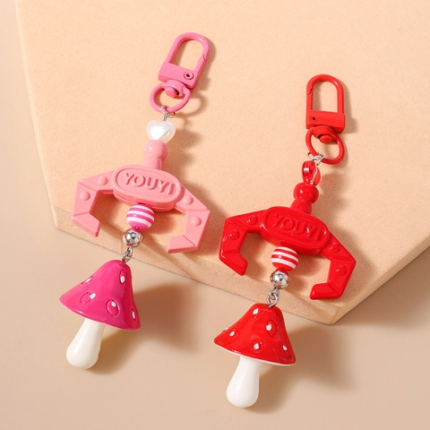 Creative Mushroom Grabber Machine Keychain Resin Plastic Beaded Bag Pendant Cute Polka Dot Mushroom Charm For Women Girls