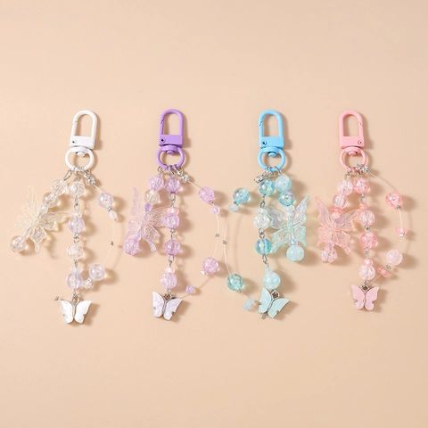 Fashion Butterfly Beaded Keychain Acrylic Resin Iridescent Laser Bag Pendant For Women Girls Sweet Jewelry Bag Charm
