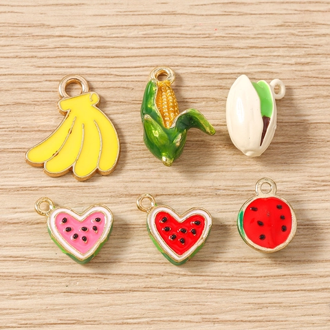 Enamel Zinc Alloy Fruit Vegetable Charms Pendants Banana Watermelon Corn Pistachio For DIY Jewelry Making Bracelet Necklace Keyring