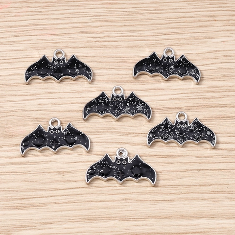 10pcs Halloween Chauve-souris Breloques en Alliage de Zinc Noir Pailleté Animal Pendentifs Pour DIY Boucle d'Oreille Collier Porte-clés Bijoux Accessoires