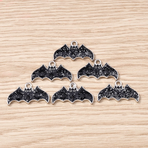 10pcs Halloween Chauve-souris Breloques en Alliage de Zinc Noir Pailleté Animal Pendentifs Pour DIY Boucle d'Oreille Collier Porte-clés Bijoux Accessoires