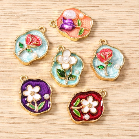 Vintage Tulpe Rose Blume Emaille Anhänger Legierung Künstliche Perle Floral Charms Für DIY Halskette Armband Schmuckzubehör