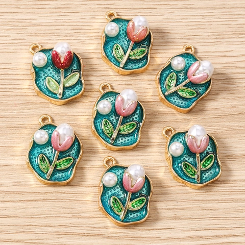 Vintage Tulpe Rose Blume Emaille Anhänger Legierung Künstliche Perle Floral Charms Für DIY Halskette Armband Schmuckzubehör