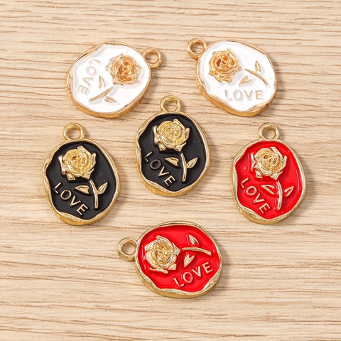 Vintage Rose Flower Oval Enamel Pendants Gold Plated Alloy Love Letter Charms For DIY Necklace Bracelet Jewelry Making