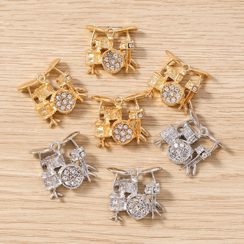 Ciondolo Batteria in Lega di Zinco con Strass Accessori per Gioielli Fai da Te Oro Argento Strumento Musicale per Collana Bracciale