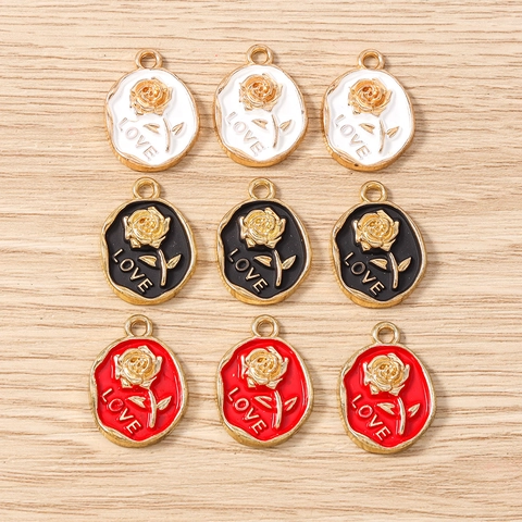 Vintage Rose Flower Oval Enamel Pendants Gold Plated Alloy Love Letter Charms For DIY Necklace Bracelet Jewelry Making