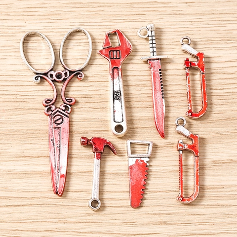 Gothic Alloy Bloody Tool Pendants Halloween Jewelry Making DIY Scissors Hammer Saw Wrench Dagger Charms Accessory