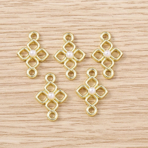 Colgantes de Nudo Chino Geométricos de Aleación de Zinc Oro Con Conectores de Cruz Hueca de Perla Artificial para Joyería DIY