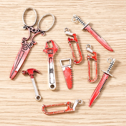 Gothic Alloy Bloody Tool Pendants Halloween Jewelry Making DIY Scissors Hammer Saw Wrench Dagger Charms Accessory