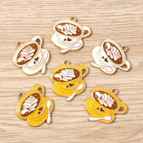 Enamel Coffee Cup Charms Zinc Alloy Latte Art Pendants With Spoon Heart For DIY Jewelry Making Necklace Bracelet Earrings