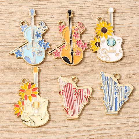 Musical Instrument Enamel Charms For Jewelry Making Sunflower Guitar Harp Cello Zinc Alloy Pendant For Keychain Necklace