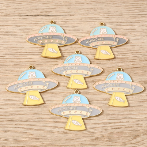Süßes UFO Raumschiff Zinklegierung Emaille Anhänger Für DIY Schmuckherstellung Schlüsselanhänger Halskette Katze Fisch Muster Cartoon Anhänger