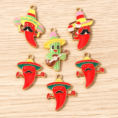 Mexican Style Zinc Alloy Enamel Chili Pepper Cactus Charms For DIY Jewelry Making Necklace Bracelet Keyring Accessory Pendants