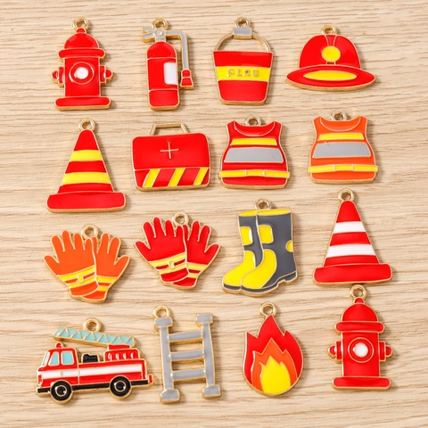 Alloy Enamel Firefighter Charms Fire Truck Hydrant Extinguisher Pendants For DIY Jewelry Making Necklace Bracelet Accessory