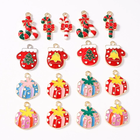 Christmas Alloy Enamel Pendants For DIY Jewelry Making Candy Cane Glove Gift Box Bell Charms For Necklace Earrings Keychain