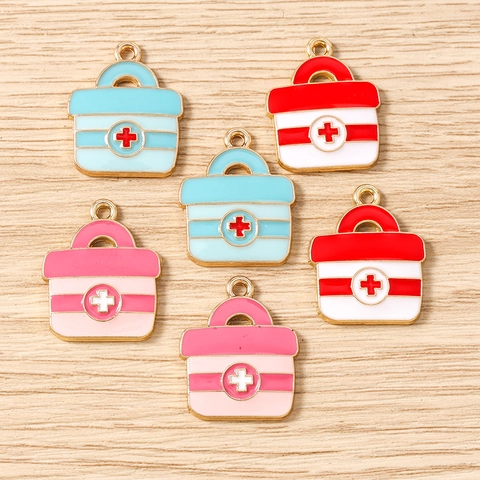 Pendentifs en Alliage de Zinc Émail Trousse Médicale Boîte de Premiers Secours Charms Accessoires de Fabrication de Bijoux DIY Croix Rouge Rose Bleu pour Collier Bracelet Porte-clés