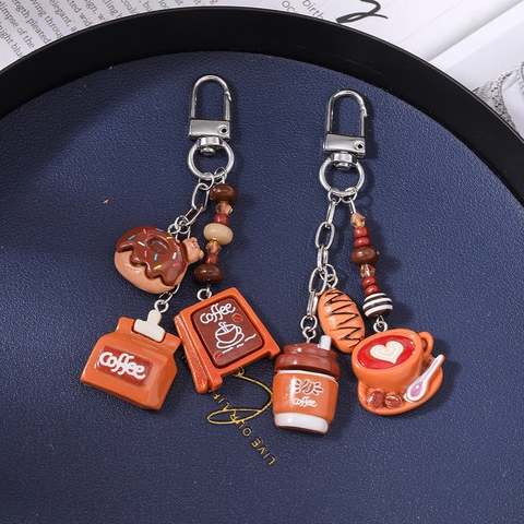 Porte-clés Café Nourriture Simulation Résine Créative Miniature Beignet Pain Tasse de Café Pendentif de Sac Bijoux Cadeau