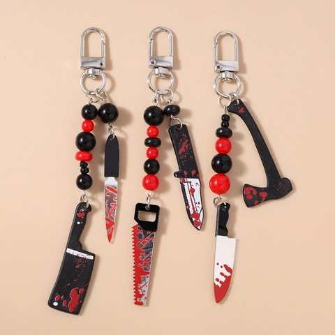 Halloween Horror Bloody Knife Keychain Gothic Acrylic Cleaver Saw Axe Red Black Beads Key Ring For Party Bag Charms Gift