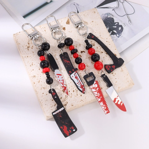 Halloween Horror Bloody Knife Keychain Gothic Acrylic Cleaver Saw Axe Red Black Beads Key Ring For Party Bag Charms Gift