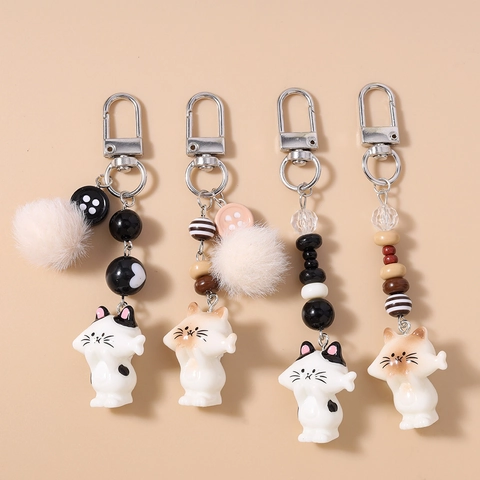 Llavero de Gato de Dibujos Animados Lindo Colgante de Bolso con Cuentas de Rayas y Bola de Pelo de Resina para Mujer Regalo