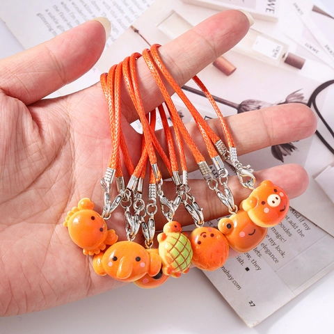 Orange Animal Phone Charms Set Cute Resin Pig Koala Frog Pendant Braided Rope Mobile Phone Chain Bag Keyring Accessories