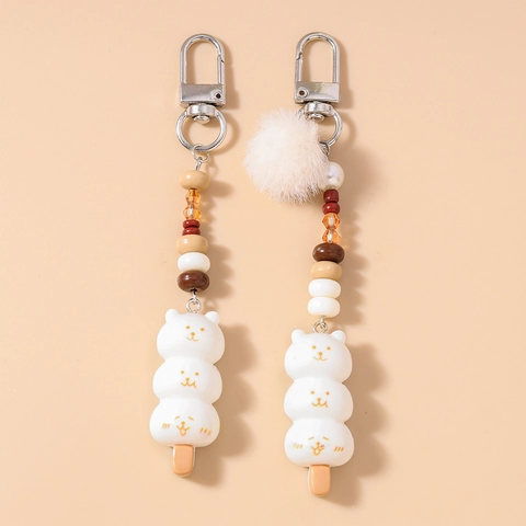 Cute White Bear Dango Resin Keychain With Beads And Faux Fur Ball Sweet Animal Tanghulu Bag Charm Pendant For Women Girls Gift