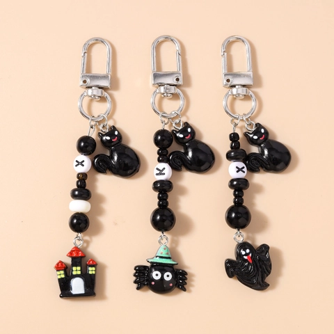 Halloween Beaded Keychains Ghost Castle Spider Black Cat Zinc Alloy Bag Charms Festive Holiday Gifts Jewelry Accessories