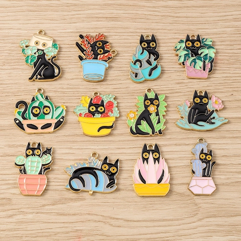 Alloy Enamel Black Cat Potted Plant Pendants For DIY Jewelry Making Necklace Bracelet Earring Accessory Cartoon Animal Charm