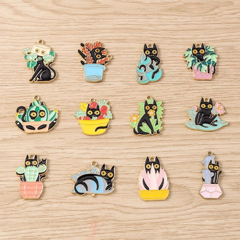 Alloy Enamel Black Cat Potted Plant Pendants For DIY Jewelry Making Necklace Bracelet Earring Accessory Cartoon Animal Charm
