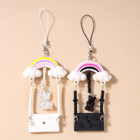 Cartoon Rainbow Cloud Bear Beaded Phone Charm Lanyard Sweet Kawaii Phone Strap For Women Girls Phone Case Decoration Jewelry