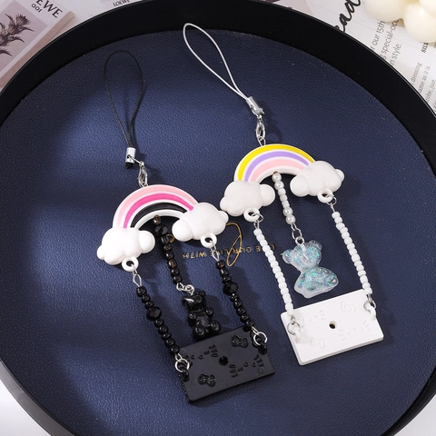 Cartoon Rainbow Cloud Bear Beaded Phone Charm Lanyard Sweet Kawaii Phone Strap For Women Girls Phone Case Decoration Jewelry