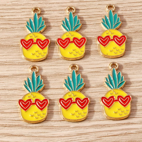 Cute Alloy Enamel Pineapple Charms With Heart Sunglasses Tropical Fruit Pendants For DIY Jewelry Making Accessories