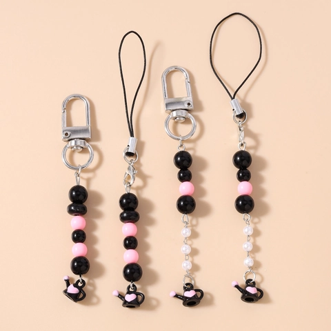 Ciondolo per Cellulare con Perline Teiera a Cuore Sweet Cool Gotico Nero Rosa Perla Artificiale Portachiavi Donna Y2K Pendente